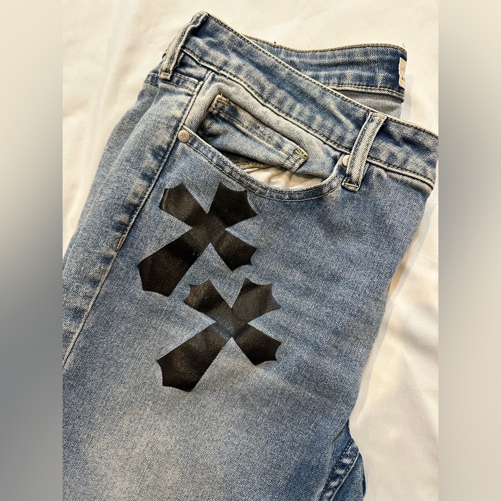Austin Landing Gothic Crosses Flare Leg Blue Jeans - Picture 15 of 15